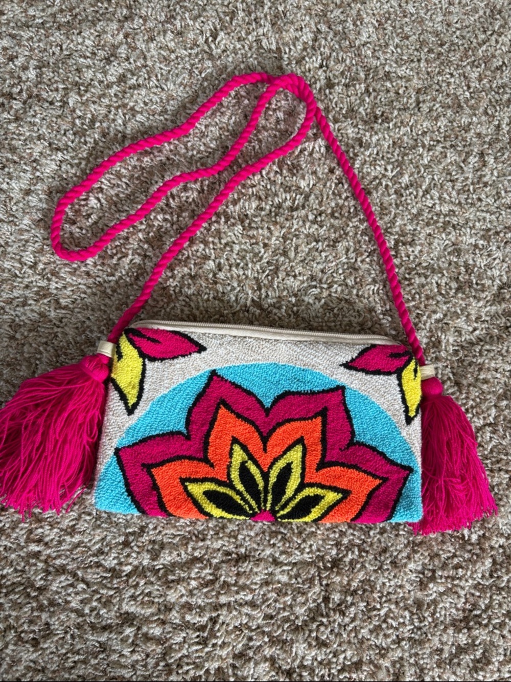 Vibrant Neon Hot Pink Orange Floral Embroidered Crossbody Bag NWOT